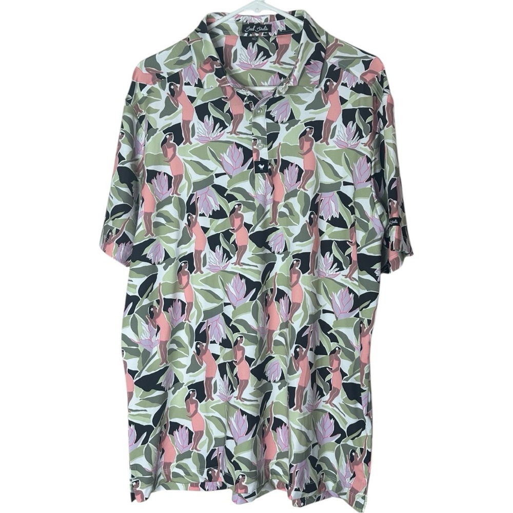 Bad Birdie Leilani Golf Polo Hula Girl Lotus Flower Hawaiian Men's XL Stretch